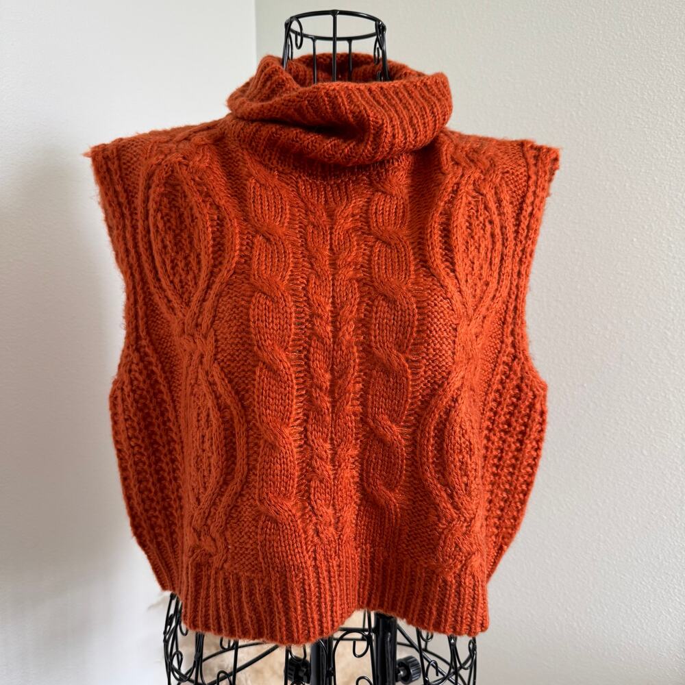 Lucca Couture Chunky Cable Turtleneck Sweater Vest Terracotta Orange S
